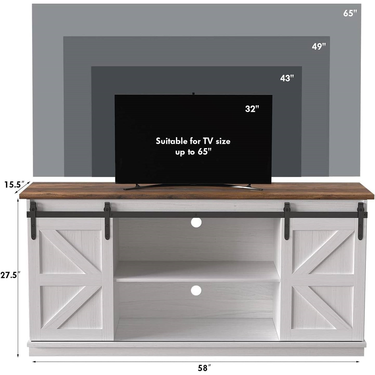 Farmhouse TV Stand in White Wood Finish with Sliding Doors for TV up to 65-inch