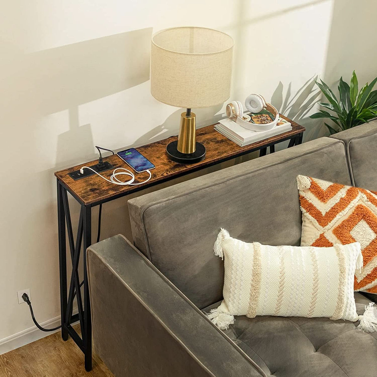 Rustic Brown Sofa Table With Power Outlet And USB Ports