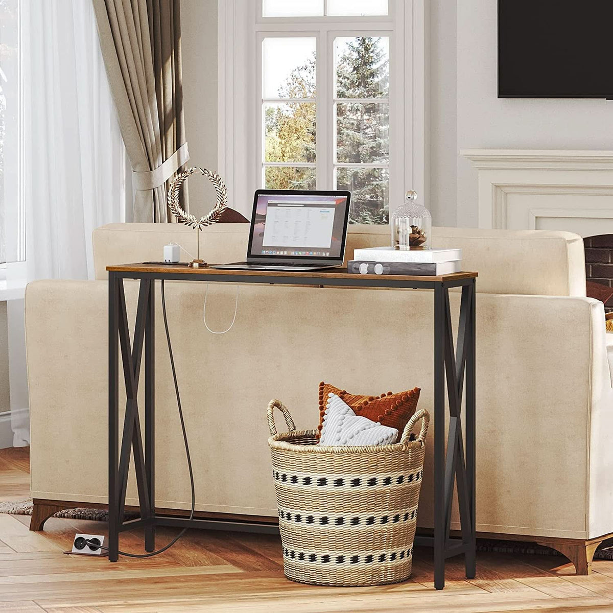 Rustic Brown Sofa Table With Power Outlet And USB Ports